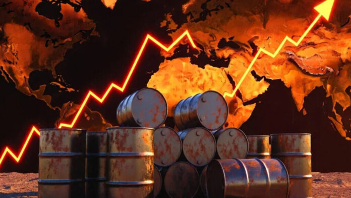 Oil pumpjack silhouetted against rising crude oil price charts amid global geopolitical tensions