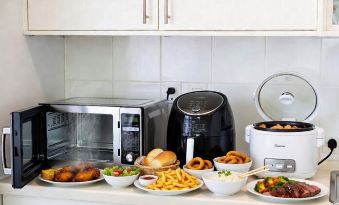 Kitchen appliances like microwave, air fryer, and electric cooker used for cooking without LPG during gas shortage
