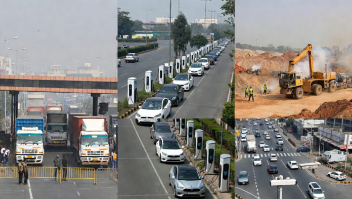 Delhi pollution control measures with EV charging stations, traffic monitoring, and reduced truck entry