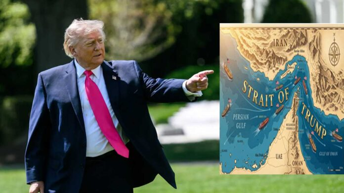 Donald Trump with Strait of Hormuz map showing controversial Trump Strait label