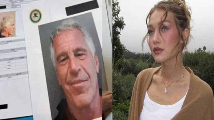 Gigi Hadid speaking at a public event addressing Epstein files controversy