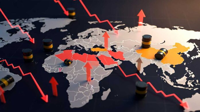 Global economic slowdown concept with rising oil prices and inflation due to war