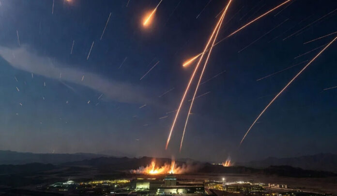 Rocket attack in Israel with explosions and emergency response teams