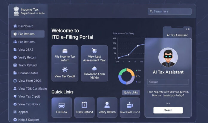 Income Tax India new website with AI assistant Kar Saathi chatbot interface helping taxpayers online