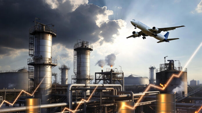 Oil refinery in India with fuel storage tanks and aircraft in background amid rising global oil prices