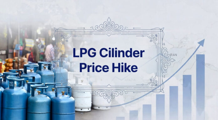 Commercial LPG cylinder price hike in India showing 19 kg cylinder, rising cost charts, and impact of West Asia crisis on fuel prices