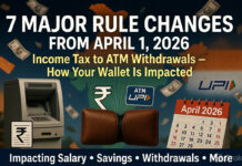 7 Major Rule Changes Take Effect in India from April 1, 2026 — From Income Tax to ATM Withdrawals, Here’s How Your Wallet Is Impacted India April 1 2026 rule changes infographic showing income tax, railway tickets, ATM withdrawals, FASTag and digital payment updates