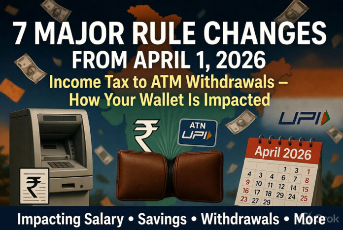 India April 1 2026 rule changes infographic showing income tax, railway tickets, ATM withdrawals, FASTag and digital payment updates