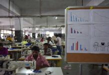 India’s Textile Exports Slip in FY26: GTRI Flags Weak Global Demand and Currency Impact Textile factory workers in India with export decline concept and garments production line