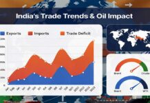 India May See Relief in Record Trade Deficit as Oil Prices Ease, Trade Deals Expand India trade deficit chart showing rising imports and exports data with oil prices impact