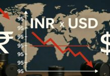 Indian Rupee Hits Historic Low, Breaches 95 Per Dollar Amid Oil Surge and Global Tensions Indian rupee falling against US dollar with currency chart showing record low near 95.58