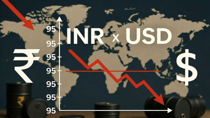 Indian rupee falling against US dollar with currency chart showing record low near 95.58