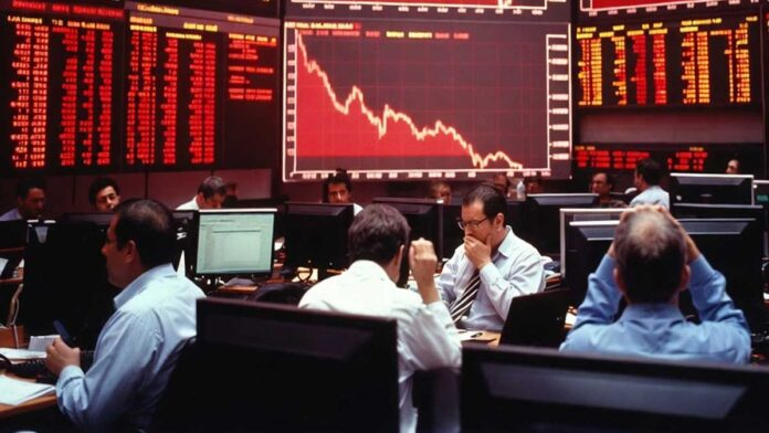 Sensex and Nifty crash with red market screen showing sharp decline amid oil price surge