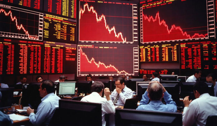 Sensex crash 1300 points Nifty below 22250 stock market fall India trading screen