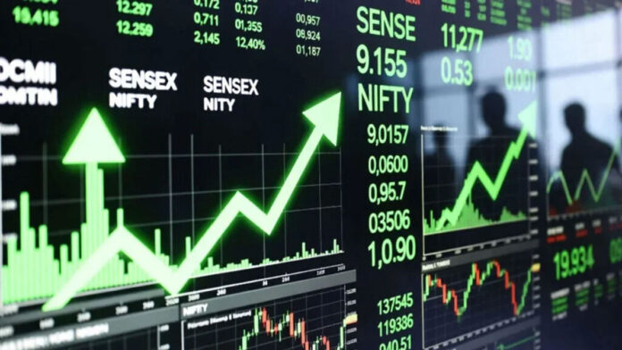 Indian stock market rally with Sensex and Nifty showing strong gains on trading screens