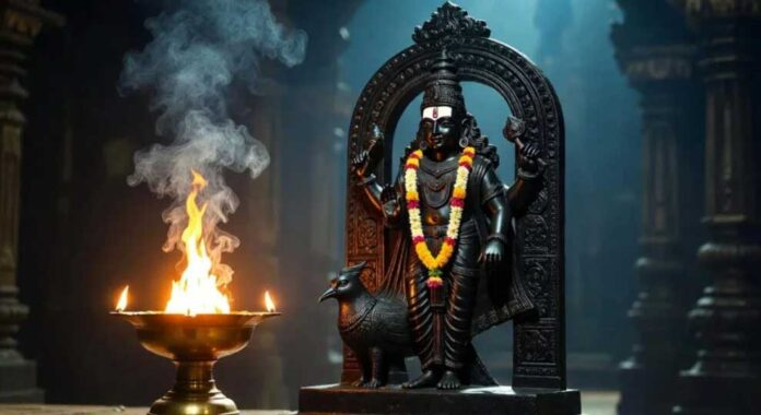 Devotees performing Shani Dev puja with mustard oil lamp on Shani Jayanti 2026
