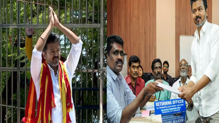 Vijay Thalapathy filing nomination in Tiruchirappalli surrounded by supporters during Tamil Nadu elections 2026