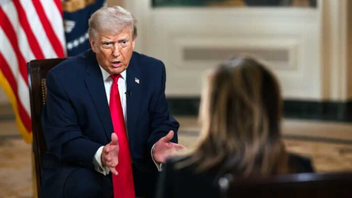 Donald Trump speaking about US Iran peace talks with Middle East map background