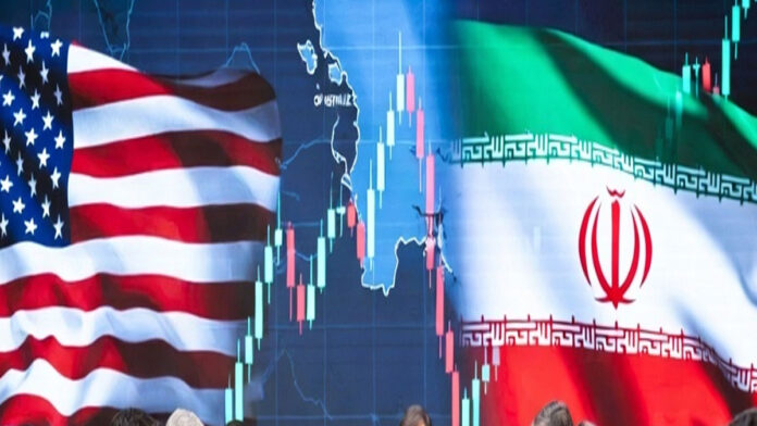 Diplomatic meeting between US and Iran officials with Qatar financial background and oil shipping route map
