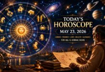 Aaj Ka Rashifal 23 May 2026: Career Growth, Financial Gains Likely for 5 Zodiac Signs Today Astrology-themed zodiac wheel with glowing planetary symbols representing daily horoscope predictions for May 23, 2026