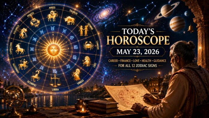 aaj-ka-rashifal-23-may-2026 Astrology-themed zodiac wheel with glowing planetary symbols representing daily horoscope predictions for May 23, 2026