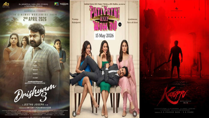 Drishyam 3 movie poster alongside other Bollywood and South Indian films dominating the box office