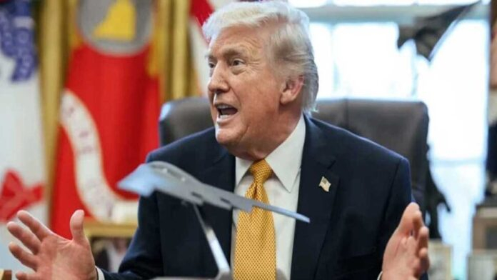 Donald Trump speaking on China AI technology theft allegations with US-China flags and digital AI graphics