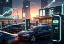 Global EV Boom Accelerates in 2026 as High Fuel Prices Push Millions Toward Electric Cars Modern electric cars charging at a public EV station as global electric vehicle sales surge in 2026