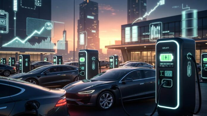 Modern electric cars charging at a public EV station as global electric vehicle sales surge in 2026