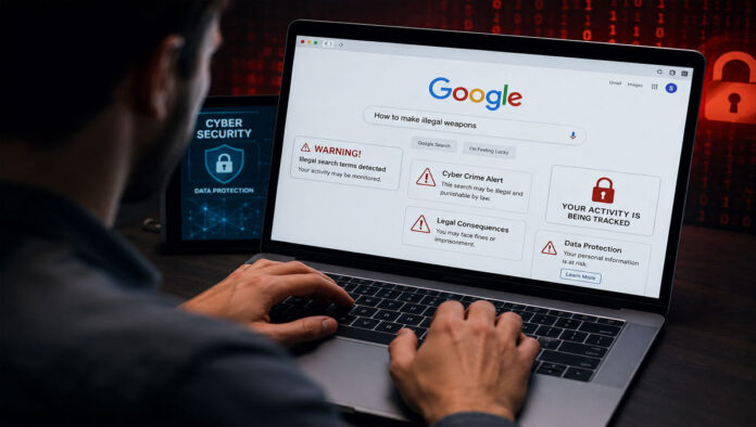 Google Search Warning: 10 Dangerous Things You Should Never Search Online Person receiving cyber warning while searching dangerous topics on Google