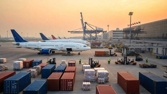 Cargo aircraft and freight containers at an Indian airport logistics terminal