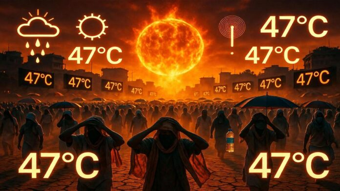 People walking under extreme heatwave conditions in India as temperatures cross 47 degrees Celsius