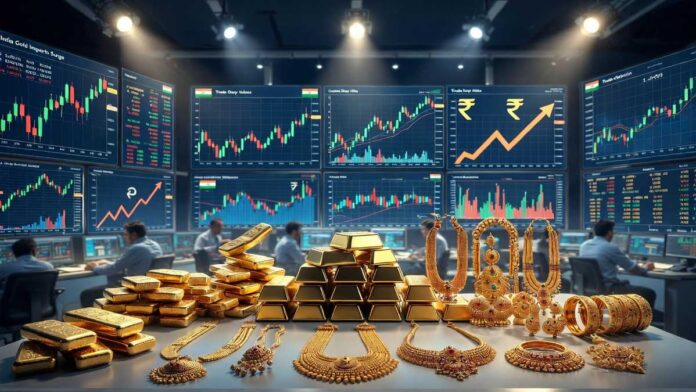 Gold jewelry and silver bullion displayed in an Indian bullion market amid rising imports and higher government duties