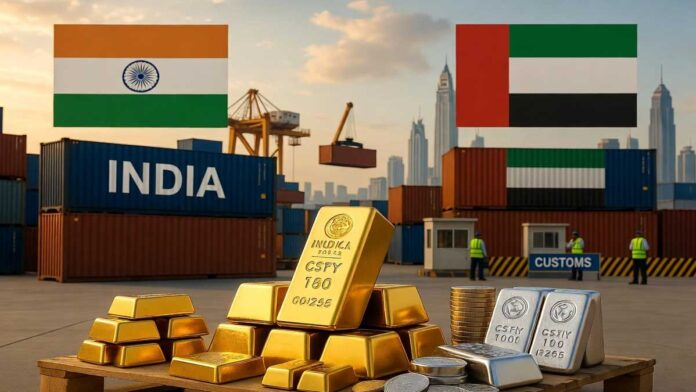 Gold bars and silver bullion with India-UAE trade symbols after import duty hike announcement
