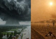 India Faces Extreme Monsoon Divide: Flood Threat Looms in South as Drought Risk Grows Across North and Central Regions Dark monsoon clouds over Kerala coast with dry farmland visible in northern India
