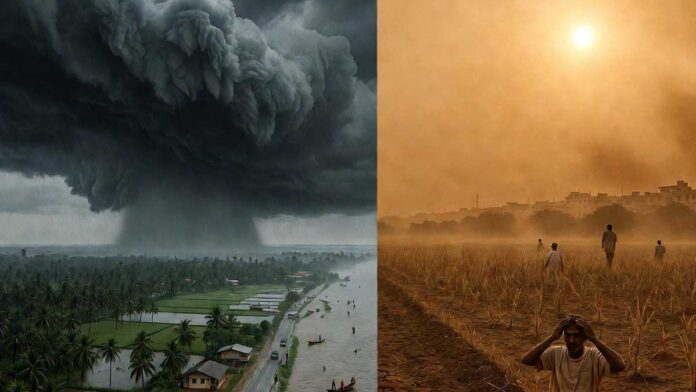 india-monsoon-2026-drought- Dark monsoon clouds over Kerala coast with dry farmland visible in northern India