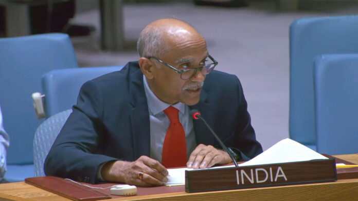 India’s UN envoy P Harish addressing the United Nations Security Council on Pakistan-sponsored terrorism and Jammu Kashmir issue