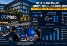 Meta Plans Major Workforce Restructuring: 10% Layoffs Expected as 7,000 Employees Shift to AI Teams Meta headquarters with AI-themed graphics representing layoffs and workforce restructuring