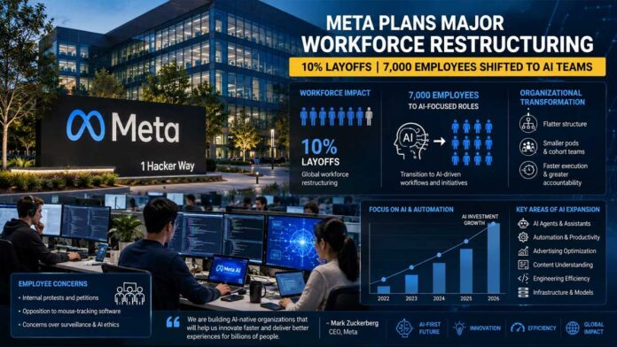 Meta headquarters with AI-themed graphics representing layoffs and workforce restructuring