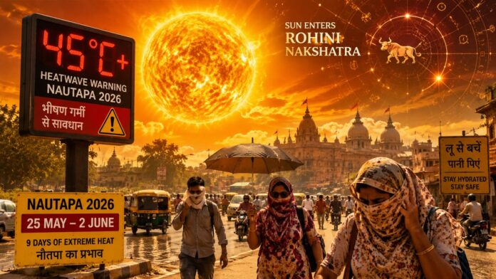 Blazing summer sun over India during Nautapa 2026 with people protecting themselves from extreme heat