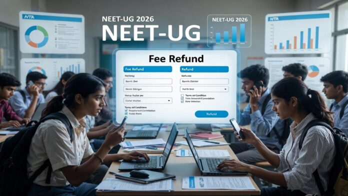 Students checking the NEET-UG 2026 fee refund portal on laptops after NTA announces refund process and retest
