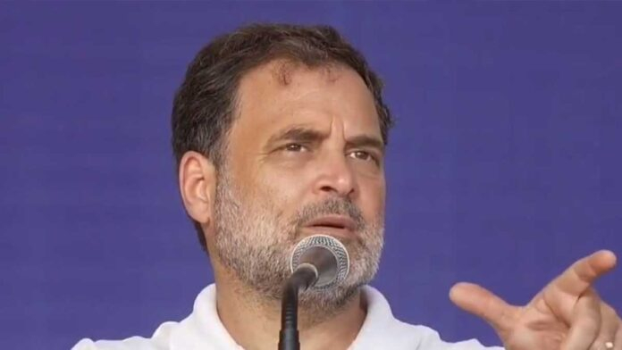 Rahul Gandhi speaking against the Modi government over the NEET paper leak controversy during a public address