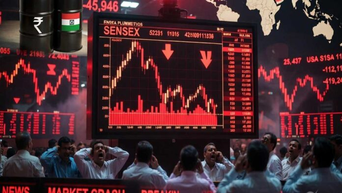 Indian stock market crash with Sensex falling sharply amid rising crude oil prices and Middle East tensions