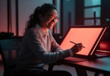 SunLED Unveils Eye-Friendly NIR Display Tech at Display Week 2026, Promising Reduced Eye Strain and Boosted Energy Futuristic display emitting soft near-infrared light demonstrating eye-friendly screen technology
