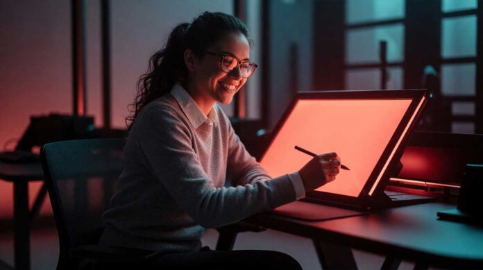 Futuristic display emitting soft near-infrared light demonstrating eye-friendly screen technology