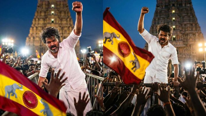 Thalapathy Vijay addressing a massive political rally in Tamil Nadu during 2026 elections as TVK gains strong momentum