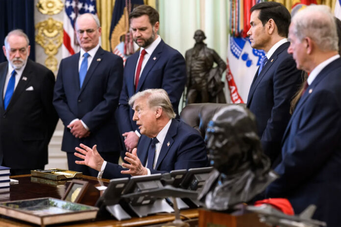 Donald Trump during a national security meeting as tensions with Iran escalate over possible military action