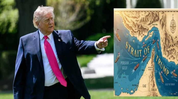 Donald Trump speaking with US Navy ships in the background amid rising tensions with Iran