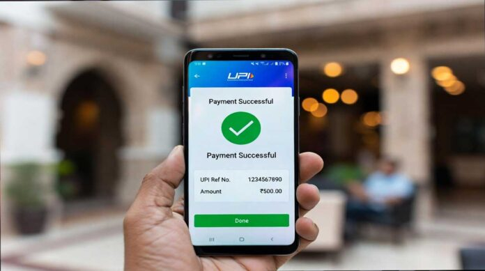 UPI digital payment interface on smartphone showing successful transaction in India