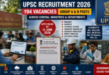 UPSC Recruitment 2026: Commission Announces 194 Vacancies Across Ministries; Applications Open Until June 12 UPSC recruitment notification for 194 Group A and Group B government vacancies in India
